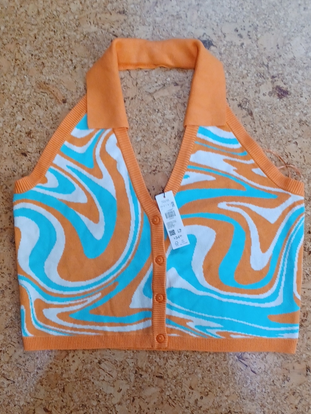 Garage Women's Orange/Aqua/White Crop Polo Halter Top Size XL NWT